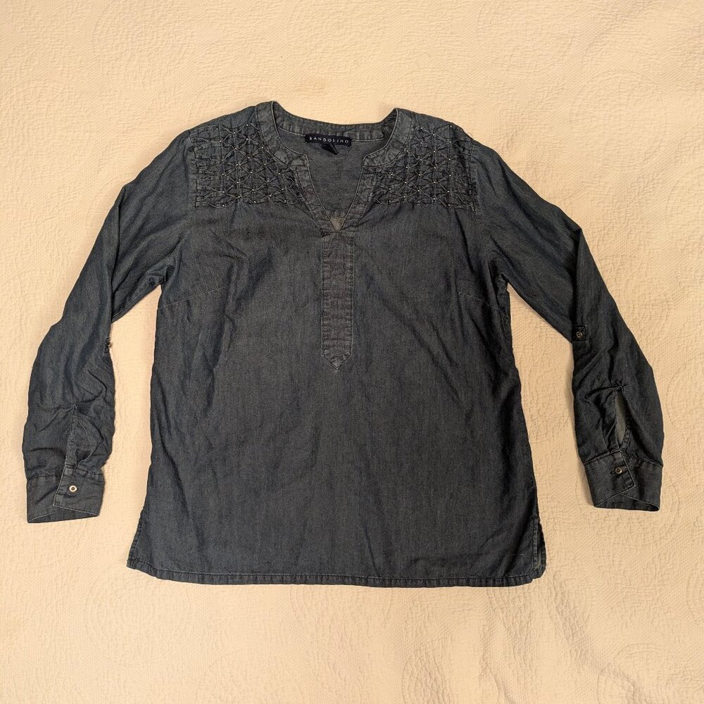 Chambray Detailed Beaded Pintucked Yoke Tunic Women Size Large Sz L